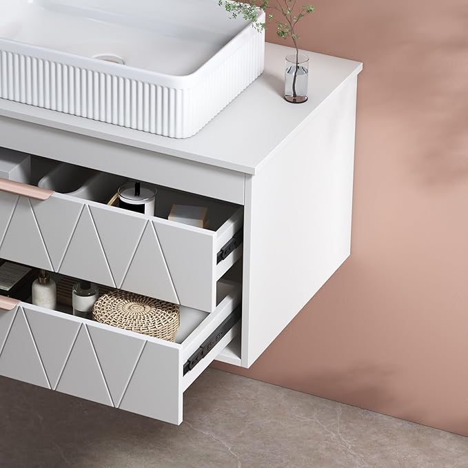 32" Floating Bathroom Vanity with Single Sink, Modern Stripe Wall Mounted Bathroom Vanities with Above Ceramic Basin, Wood Bathroom Vanity Storage Cabinet with 2 Drawers, White
