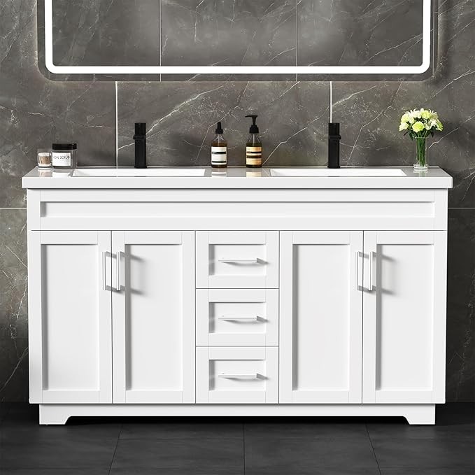 60 Inch Bathroom Vanity with Sink,Modern Solid Wood Bathroom Storage Vanity w/Undermount Double Sink, Quick Assemble Cabinet w/Soft Closing Doors & Full Extension Drawers,White