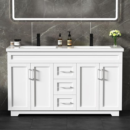 60 Inch Bathroom Vanity with Sink,Modern Solid Wood Bathroom Storage Vanity w/Undermount Double Sink, Quick Assemble Cabinet w/Soft Closing Doors & Full Extension Drawers,White