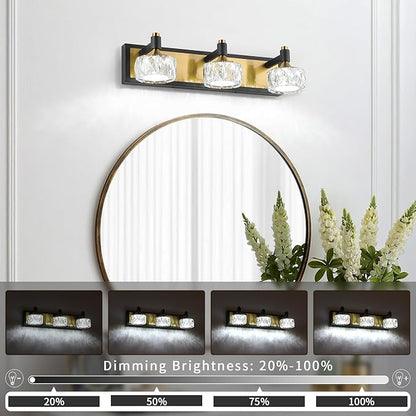 Modern Black Gold Bathroom Vanity Light Fixture 3-Light Dimmable LED Crystal Vanity Light for Over Mirror, Stylish Bath Wall Lights in Black and Gold Finish