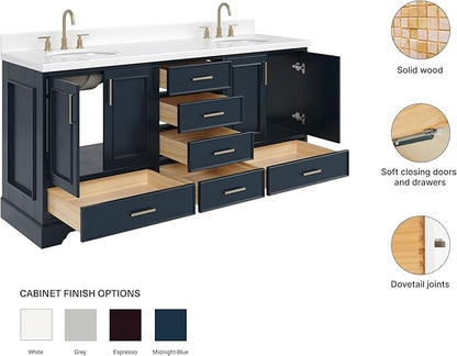 ARIEL Stafford 72-inch Bathroom Vanity with Sink,Solid Wood, 1.5-inch Pure White Quartz Countertop & Backsplash, Double Oval Porcelain Sink, 4 Soft Closing Doors, 6 Dovetail Drawers, Midnight Blue