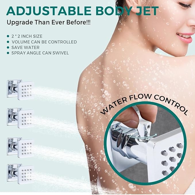 Luxury Thermostatic Digital Dual Heads Shower System Chrome Full Bdoy Spray Shower Faucet Set with 20x14in LED Rainfall Showerhead and 6in Wall Shower, 4 Body Jets with Shut-off, Brass Handheld