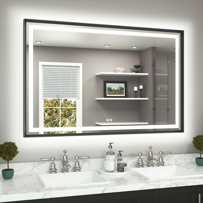 55 x 36 Bathroom LED Mirror Brushed Black Metal Frame Frontlit & Backlit Vanity Mirror Stepless Dimmable Anti-Fog 3 Colors White/Warm/Natural Light up Vanity Mirror Wall-Mounted