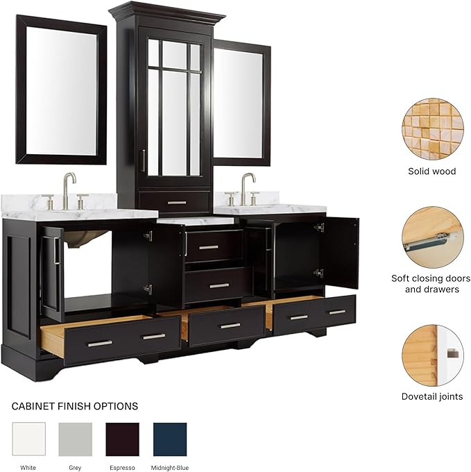 ARIEL Stafford 84-inch Bathroom Vanity with Sink,Solid Wood, 1.5-inch Italian Carrara Marble Countertop & Backsplash, Double Oval Porcelain Sink, 5 Soft Closing Doors, 6 Dovetail Drawers, Espresso
