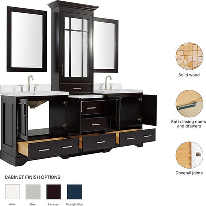 ARIEL Stafford 84-inch Bathroom Vanity with Sink,Solid Wood, 1.5-inch Italian Carrara Marble Countertop & Backsplash, Double Oval Porcelain Sink, 5 Soft Closing Doors, 6 Dovetail Drawers, Espresso