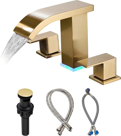 Brushed Gold Waterfall Bathroom faucets, 8 inch Widespread Modern Sink Faucet, Touch on 3 Hole 2 Handle Vanity,Gold Bathroom Sink Faucet with LED Light (Brushed Gold)