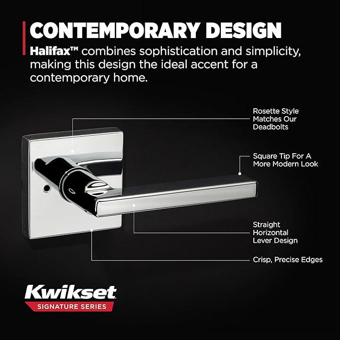 Kwikset Halifax Interior Privacy Door Handle with Lock, Door Lever For Bathroom and Bedroom, Polished Chrome Reversible Keyless Push Button Lock Door Lever