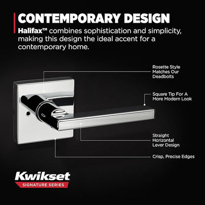Kwikset Halifax Interior Privacy Door Handle with Lock, Door Lever For Bathroom and Bedroom, Polished Chrome Reversible Keyless Push Button Lock Door Lever