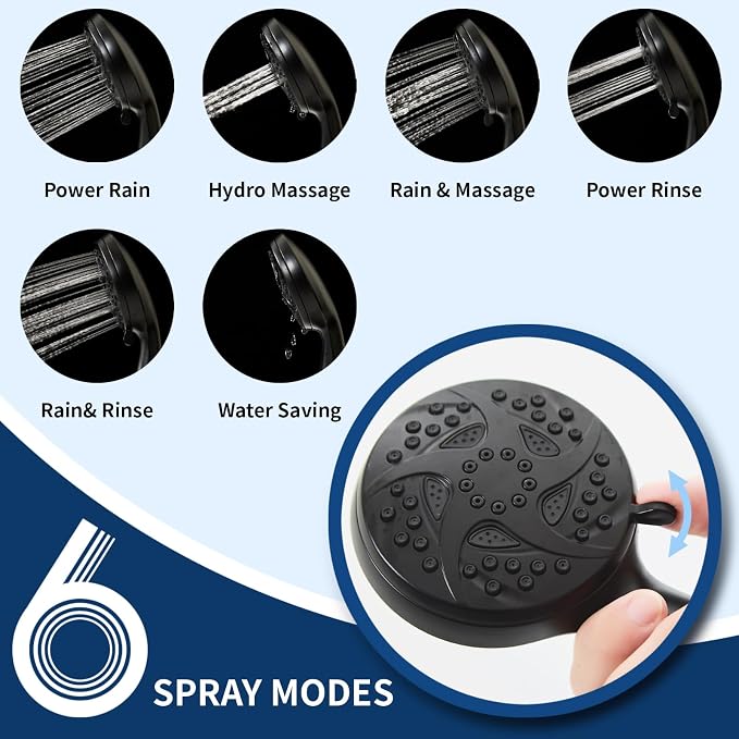 6-Mode Shower Head with Handheld, High Pressure Handheld Showerhead, Black | 3.94 Inch Handheld Spray with 59 Inch Stainless Steel Hose and Adjustable Shower Holder, Tool-free Installation