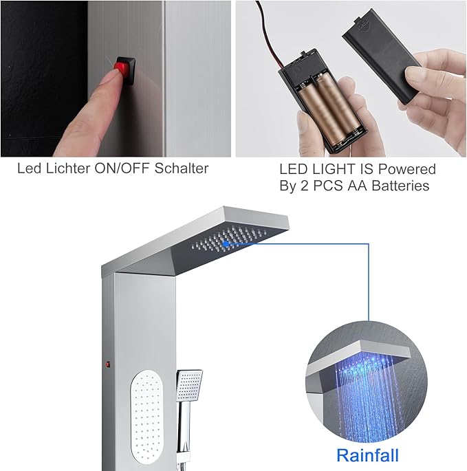 MENATT Luxury Shower Tower System with LED Shower Head, 5 Functions Shower Panel Tower System with 4 pcs Body Massage Jets,Body Waterfall Spray, Handheld Shower and Tub Spout, Brushed Finish