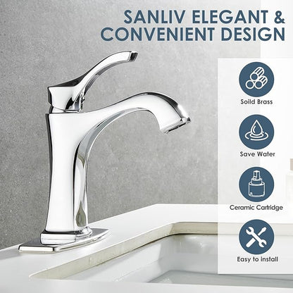 Chrome Bathroom Faucet, Sanliv Single Handle Centerset Bathroom Sink Faucet with Pop-Up Drain & Deck Plate for 1 or 3-Hole (4 inch) Installation, Modern Farmhouse Vanity Faucet, Polished Chrome
