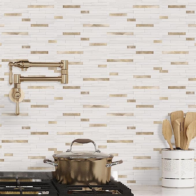 STICKGOO 20 Sheets Peel and Stick Backsplash Tile, Stick on Backsplash for Kitchen and Bathroom, Dolomite White Marble Look PVC Mixed Metal Gold Self Adhesive Wall Tiles