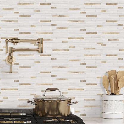 STICKGOO 20 Sheets Peel and Stick Backsplash Tile, Stick on Backsplash for Kitchen and Bathroom, Dolomite White Marble Look PVC Mixed Metal Gold Self Adhesive Wall Tiles