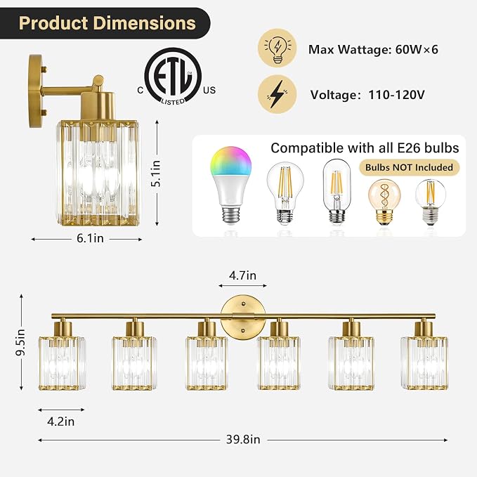 6 Light Bathroom Light Fixtures, Modern Crystal Vanity Lights over Mirror | Metal Frame, Bathroom Light with Square Crystal Shade, ETL Certified, E26 Ceramic Socket, Bulbs Not Included