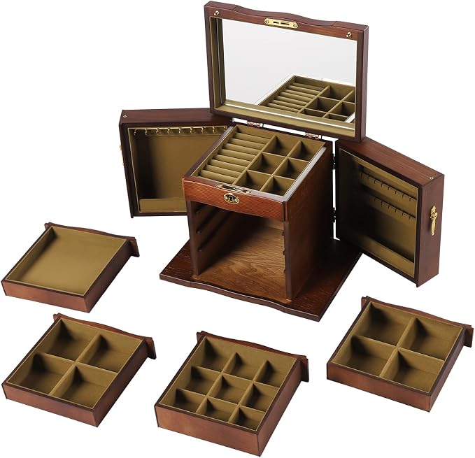 Extra Large 5 Layers Wooden Jewelry Box Jewelry Case Cabinet Armoire Ring Necklacel Gift Storage Box Organizer(5 Layers,W/mirror,Brown)