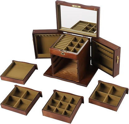 Extra Large 5 Layers Wooden Jewelry Box Jewelry Case Cabinet Armoire Ring Necklacel Gift Storage Box Organizer(5 Layers,W/mirror,Brown)