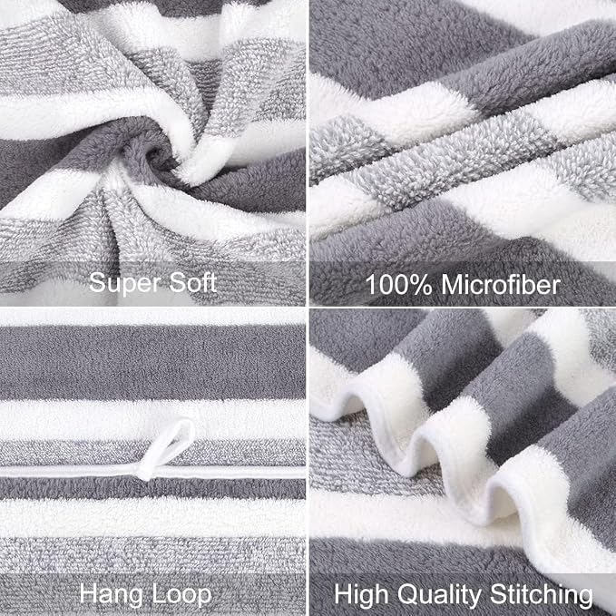 JML Bath Towels, 2 Pack, 27x55 in, Microfiber, Stripe Grey | Soft, Super Absorbent, Quick Dry, Lint-Free, Lightweight Bathroom Towel with Hanging Loop for Daily Use