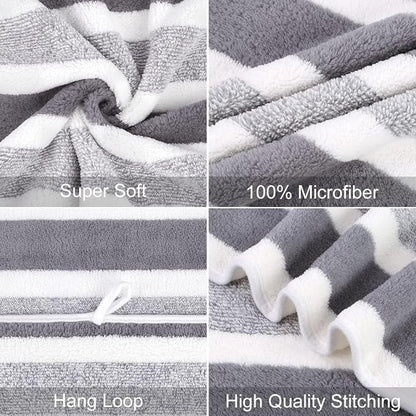 JML Bath Towels, 2 Pack, 27x55 in, Microfiber, Stripe Grey | Soft, Super Absorbent, Quick Dry, Lint-Free, Lightweight Bathroom Towel with Hanging Loop for Daily Use