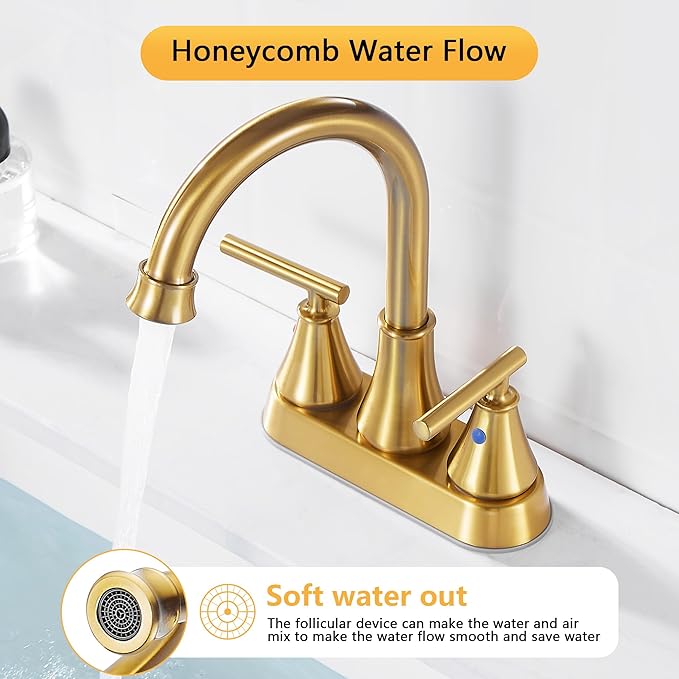 Bathroom Sink Faucet 4 Inch 2 Handle Centerset Brushed Gold Lead-Free Modern Bathroom Faucet Vanity Faucet with Pop-up Drain Stopper and Supply Hoses