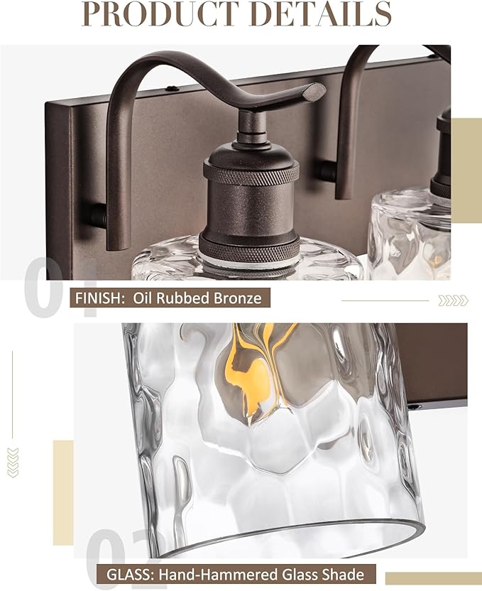 3-Light Bathroom Vanity Light,Hammered Glass,Oil Rubbed Bronze | 19.6 Inch Over Mirror Wall Light,E26 sockets,for bathroom mirror,powder room,dressing area