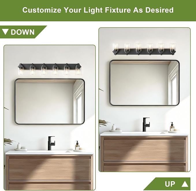Black Bathroom Light Fixtures, 6 Lights Bathroom Lighting Fixtures Over Mirror, Square Design & Rectangle Large Backplate, Modern Vanity Lighting Fixtures, for Bathroom/Living Room/Bedroom