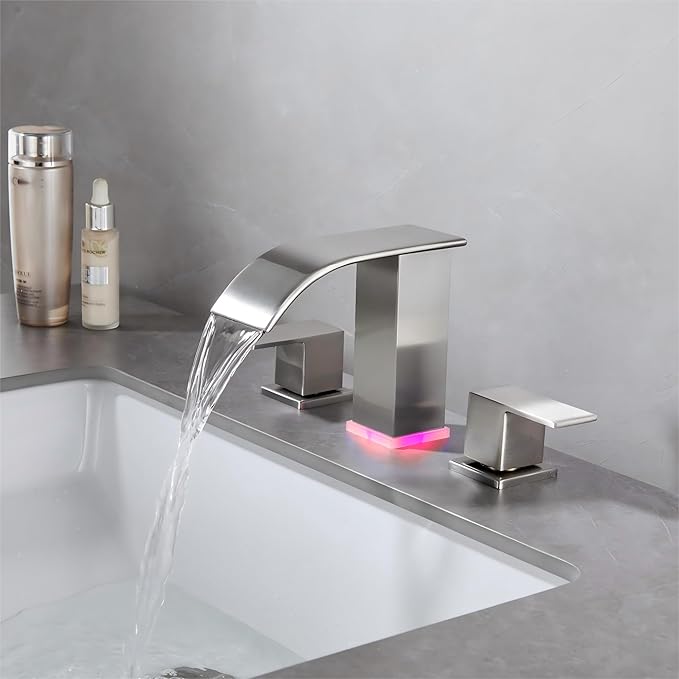 Brushed Nickel Bathroom Sink Faucet 3 Hole, Widespread Vanity faucets with LED Waterfall Modern 3 Hole Faucet for Bathroom Sink pop-up Drain Touch on 2 Handle (Brushed Nickel)