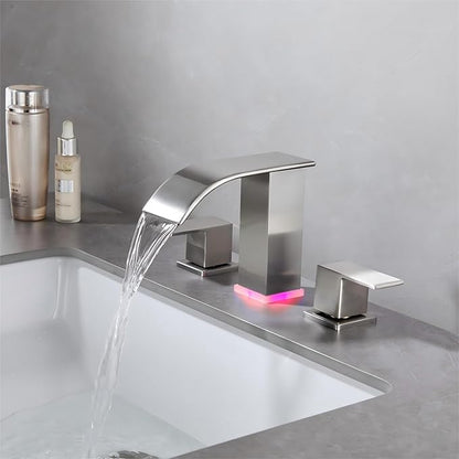 Brushed Nickel Bathroom Sink Faucet 3 Hole, Widespread Vanity faucets with LED Waterfall Modern 3 Hole Faucet for Bathroom Sink pop-up Drain Touch on 2 Handle (Brushed Nickel)