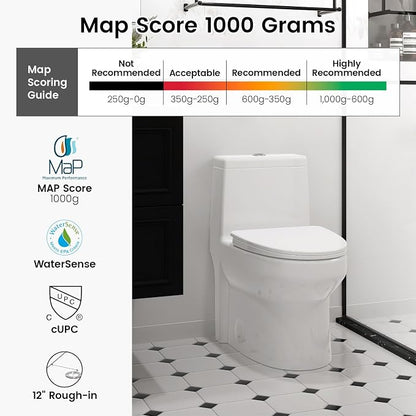 SOTOMO Elongated One Piece Toilet, 12" Rough-In, Compact Design for Bathrooms, 1.1/1.6 GPF Dual Flush toilet, MAP 1000g, Soft-Closing Seat, White Toilet Bowl - 27.75"D x 15.4"W x 27.13"H