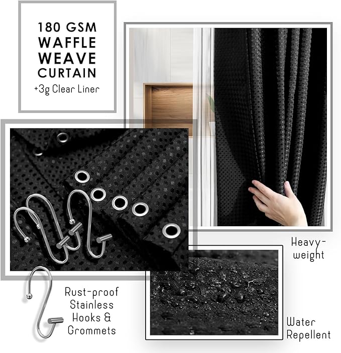 Clara Clark Black Bathroom Set, Shower Curtain Set, Bathroom Accessory Set | 20 Piece Bathroom Accessories Set with Toothbrush Holder, Soap Dispenser, Soap Dish, Toilet Brush, and Bathroom Trash Can
