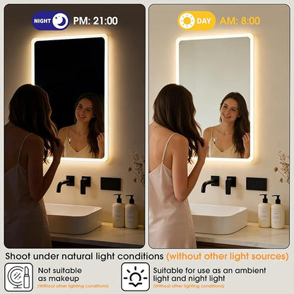 WARM&LOVE 16 x 24 Inch LED Bathroom Mirror, Hand Scan Sensor Anti-Fog Bathroom Mirror with Lights, Stepless Dimming, 3 Color Lighting, Lighted Bathroom Mirrors for Wall, Vertically Only