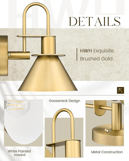Wall Sconces for Bathroom Set of 2, HWH Wall Mount Lighting with Metal Shade, Indoor Gold Wall Lights for Living Room Mirror Kitchen, Gold Finish, 5HZG56BL-2 BG