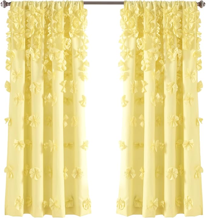 Lush Decor Riley Light Filtering Window Curtain Panel, Single 54" W x 63" L, Yellow - Cute Yellow Curtains for Bedroom - Bow Decor - Coquette Curtains for Windows