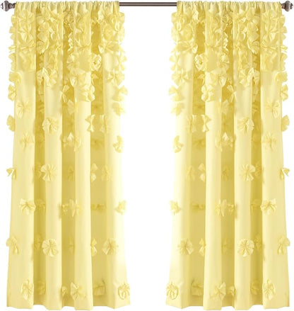 Lush Decor Riley Light Filtering Window Curtain Panel, Single 54" W x 63" L, Yellow - Cute Yellow Curtains for Bedroom - Bow Decor - Coquette Curtains for Windows
