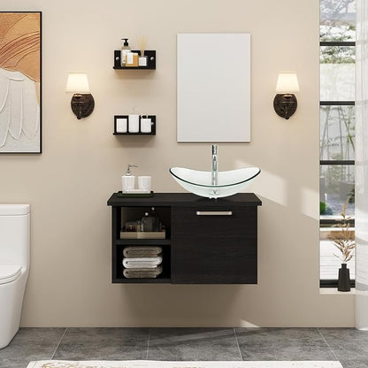 YOURLITE 28" Wall Mounted Bathroom Vanity Modern Lavatory Wood Cabinet with Mirror Clear Boat Tempered Glass Sink Combo Vanities Set