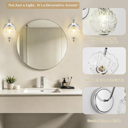 1 Piece Brushed Chrome Wall Sconce, 1-Light Mid Century Modern Brushed Chrome Finish Wall Sconce with Globe Glass Shade, Modern Light for Bathroom, Bedroom, Living Room,Powder Room
