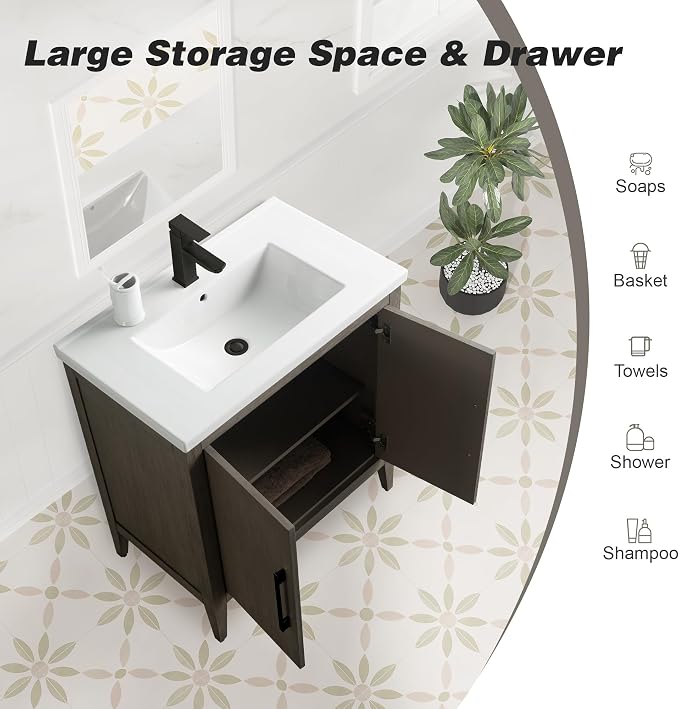 30 Inch Bathroom Vanity with Sink & Ceramic Top, Single Vanity Cabinet with Basin, Soft-Closing Doors & Matte Black Hardware, Driftwood Gray