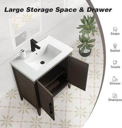 30 Inch Bathroom Vanity with Sink & Ceramic Top, Single Vanity Cabinet with Basin, Soft-Closing Doors & Matte Black Hardware, Driftwood Gray
