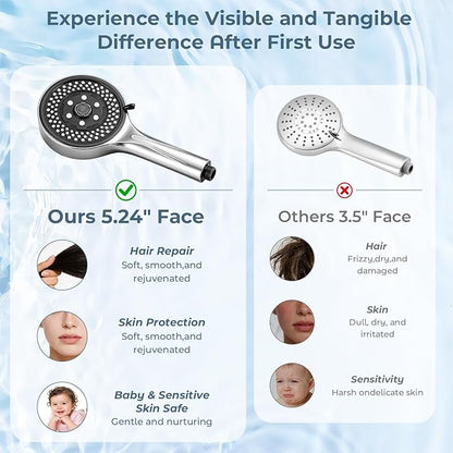 Filtered Handheld Shower Head, High Pressure Chrome | 7 spray modes, 5.24" wide coverage, 59" SS hose, adjustable holder, built-in filter, G1/2" universal fit, tool-free install