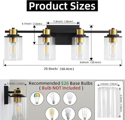 LOUSACE Bathroom Light Fixtures Black and Gold, 4 Light Bathroom Vanity Light, Modern Bathroom Light over Mirror with Clear Glass Shades, Brushed Gold Socket Wall Vanity Lighting Fixtures for Bathroom