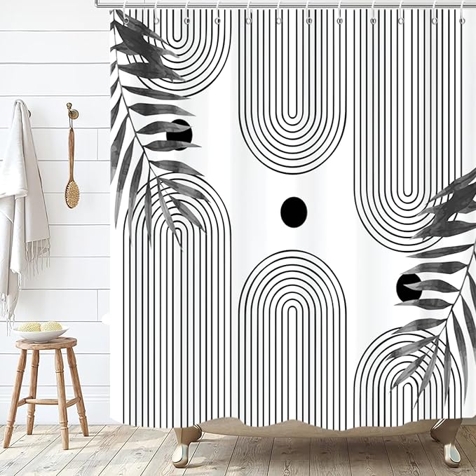 Boho Mid Century Modern Shower Curtain, Abstract Arch Leaf Minimalist Sun Black and White Machine Washable Waterproof Fabric for Bathroom Bathtub with Hooks 72Wx78H