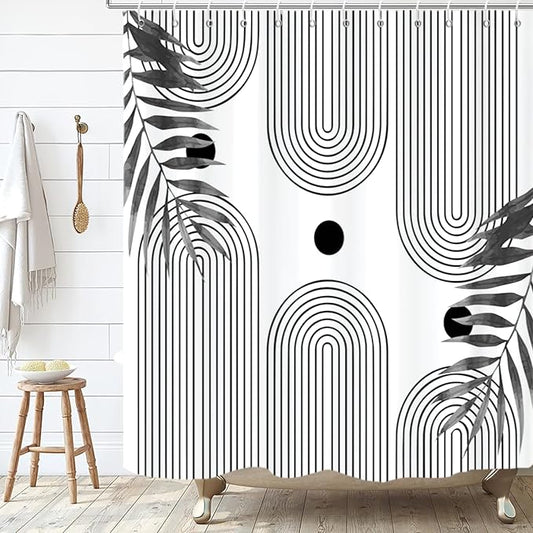 Boho Mid Century Modern Shower Curtain, Abstract Arch Leaf Minimalist Sun Black and White Machine Washable Waterproof Fabric for Bathroom Bathtub with Hooks 72Wx78H