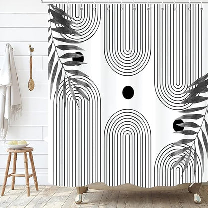 Boho Mid Century Modern Shower Curtain, Abstract Arch Leaf Minimalist Sun Black and White Machine Washable Waterproof for Bathroom Bathtub with Hooks 72x72