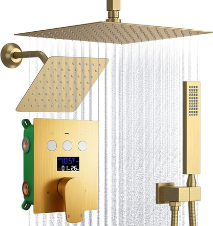 Dual Shower Heads Shower System with 12 Inch Ceiling Rainfall Shower Head and 8 Inch Side Shower Head Digital Display Shower Fixtures Luxury Shower Faucet Set,Brushed Gold
