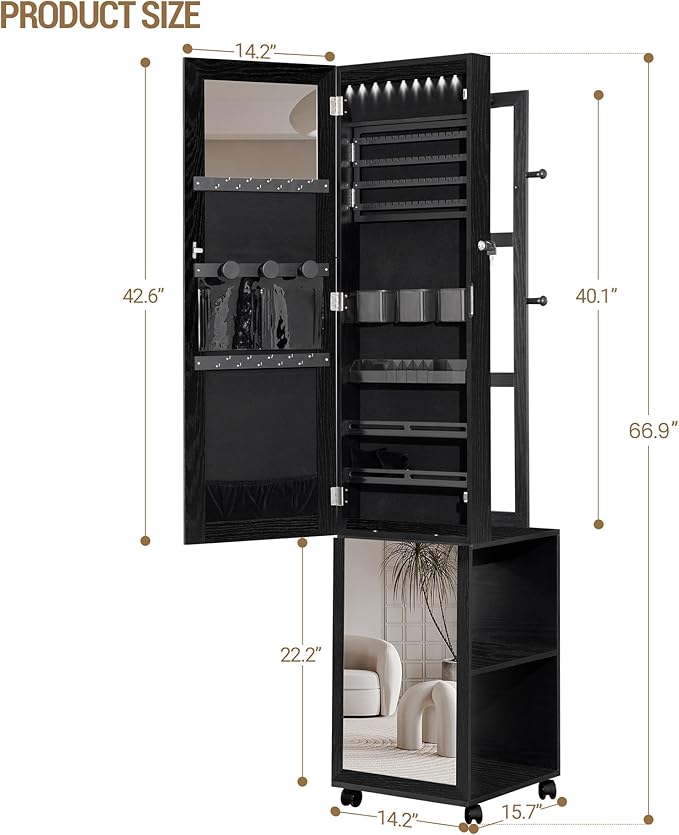 Hzuaneri 8 LEDs Jewelry Cabinet Armoire, 66.9-inch Jewelry Organizer | Lockable Full-length Mirror with Garment Rack & 4 Wheels, Storage Shelves with Hooks, 5-in-1, Black JC17004B