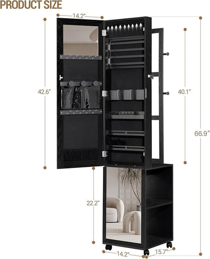 Hzuaneri 8 LEDs Jewelry Cabinet Armoire, 66.9-inch Jewelry Organizer | Lockable Full-length Mirror with Garment Rack & 4 Wheels, Storage Shelves with Hooks, 5-in-1, Black JC17004B