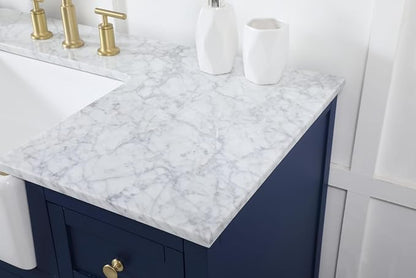 48" Pre-Assembled Bathroom Vanity with Sink, Solid Birch and MDF, Carrara White Marble Countertop Attached, Single Rectangle Porcelain Sink, 6 Soft-Close Drawers, Blue