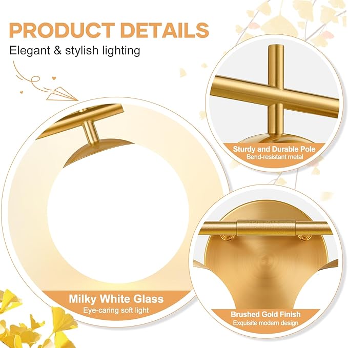 4-Light Bathroom Light Fixtures, Brushed Gold Vanity Lights for Bathroom with Milky White Glass Shade, Bathroom Lighting Fixtures Over Mirror, Wall Sconce for Bedroom (Bulb Not Included)