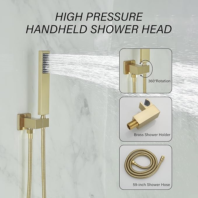 BWE Shower Faucet Brushed Gold 12 Inch Square Bathroom Luxury Rain Mixer Shower Combo Set 2-Functions Wall Mounted Rainfall Shower Head System Rough-in Valve Body and Trim Included