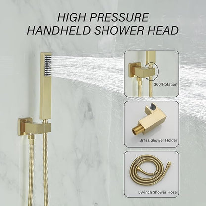 BWE Brushed Gold Shower Faucets Sets 10 Inch Square Bathroom Luxury Rain Shower Head with Handheld Spray Wall Mounted Shower System Rough-in Valve and Trim Included