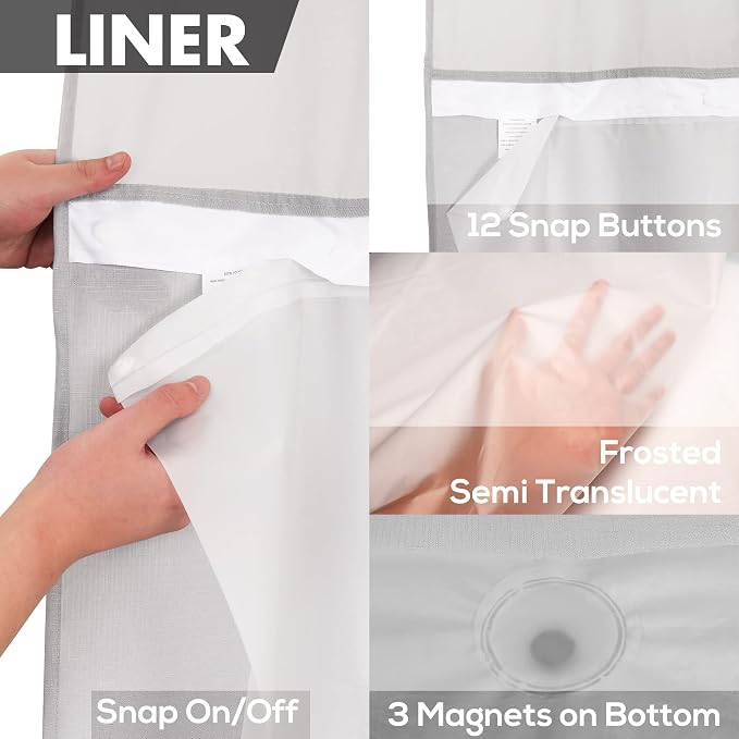 River Dream Extra Long No Hook Shower Curtain with Snap-in Liner, Gray | 71W x 98H, Snap on/off Waterproof PEVA Liner, See Through Top Window, Floor to Ceiling Hotel Style Shower Curtain Set